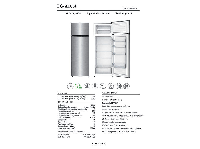 Frigorifico dos puertas INFINITON en color Inox de Altura 160 cm — foto 8
