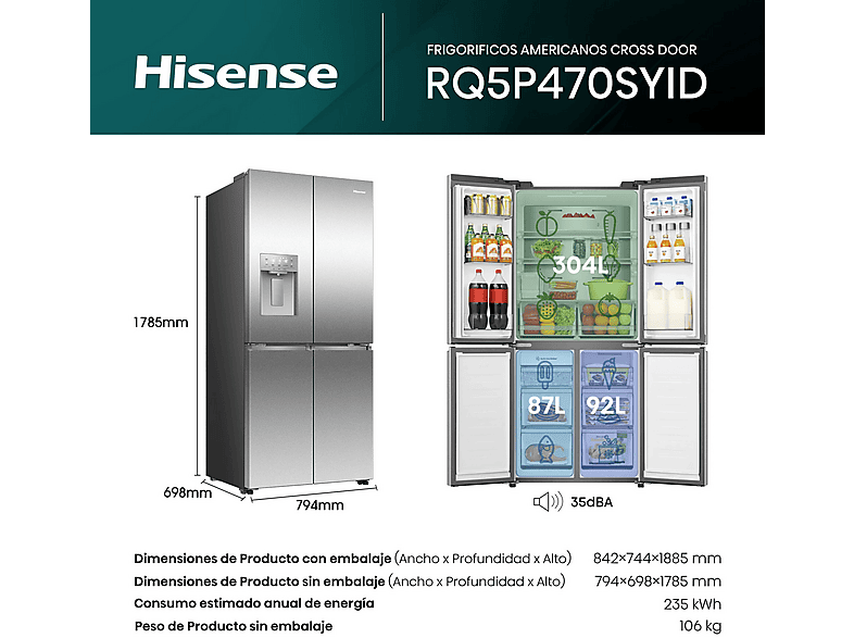 Frigorífico americano HISENSE en color Inox de Total No Frost — foto 3